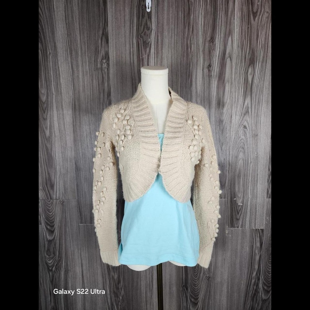 Whitewash Cream Chunky Knit Cropped Cardigan‎ Bobble Pom Pom Bolero Shrug Small